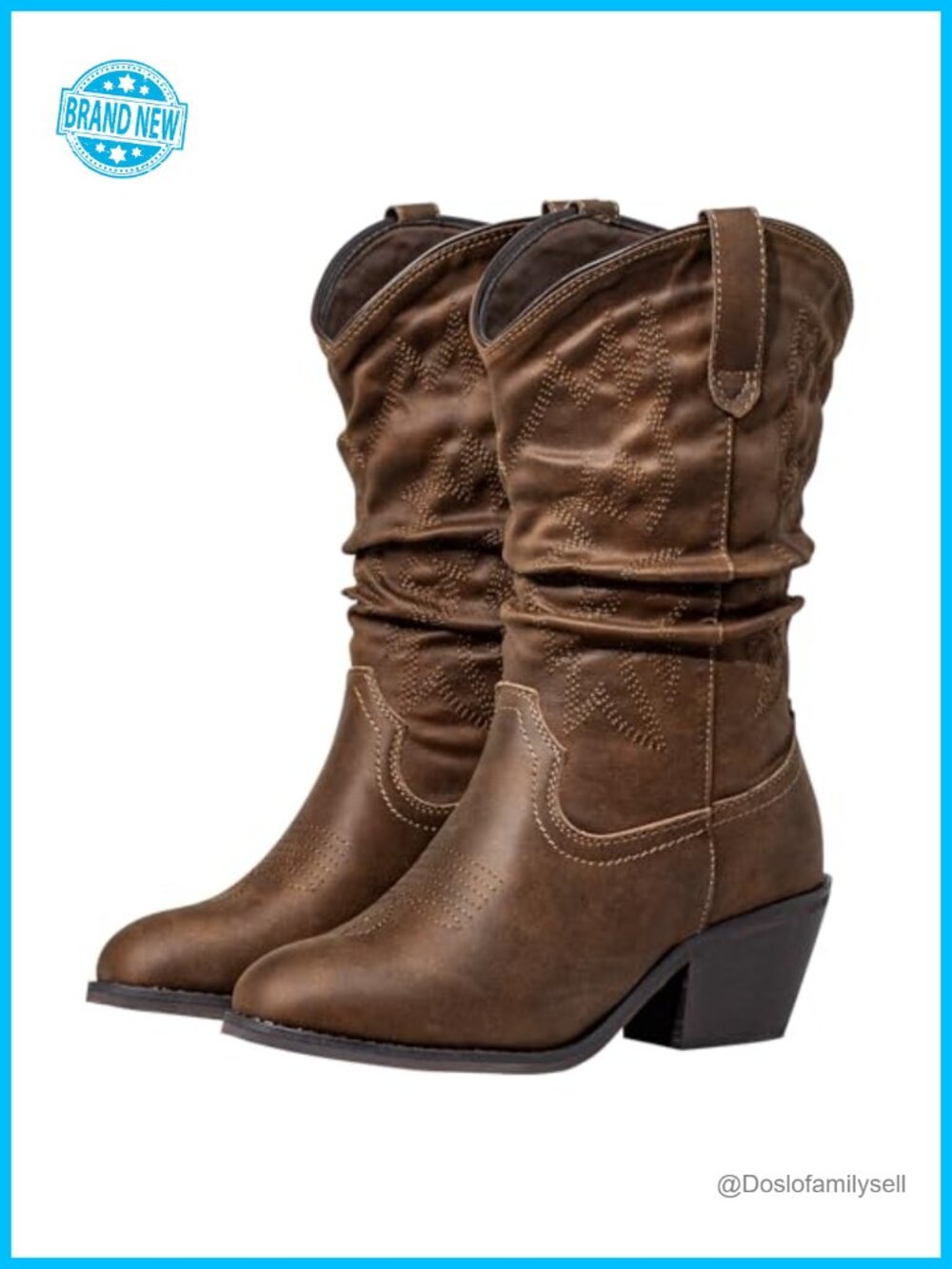 Wide Width Western Cowboy Boots Faux Leather Almond Toe Chunky Heel Pull-On